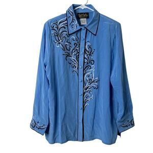 Bob Mackie Shirt Women Size Small Blue Silk Button Up Embroidered 90s Art